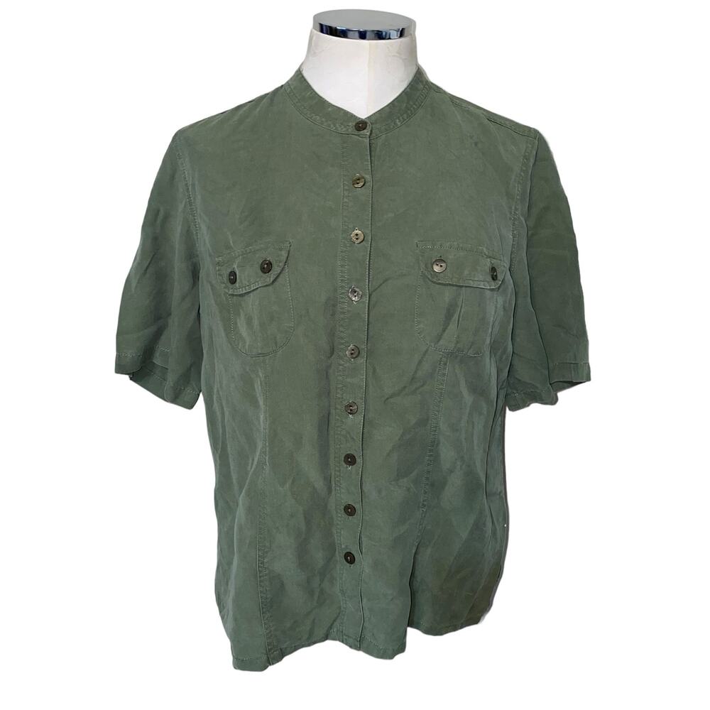Erin London Olive Green Button Front Short Sleeve Utilitarian Top Women’s Size S